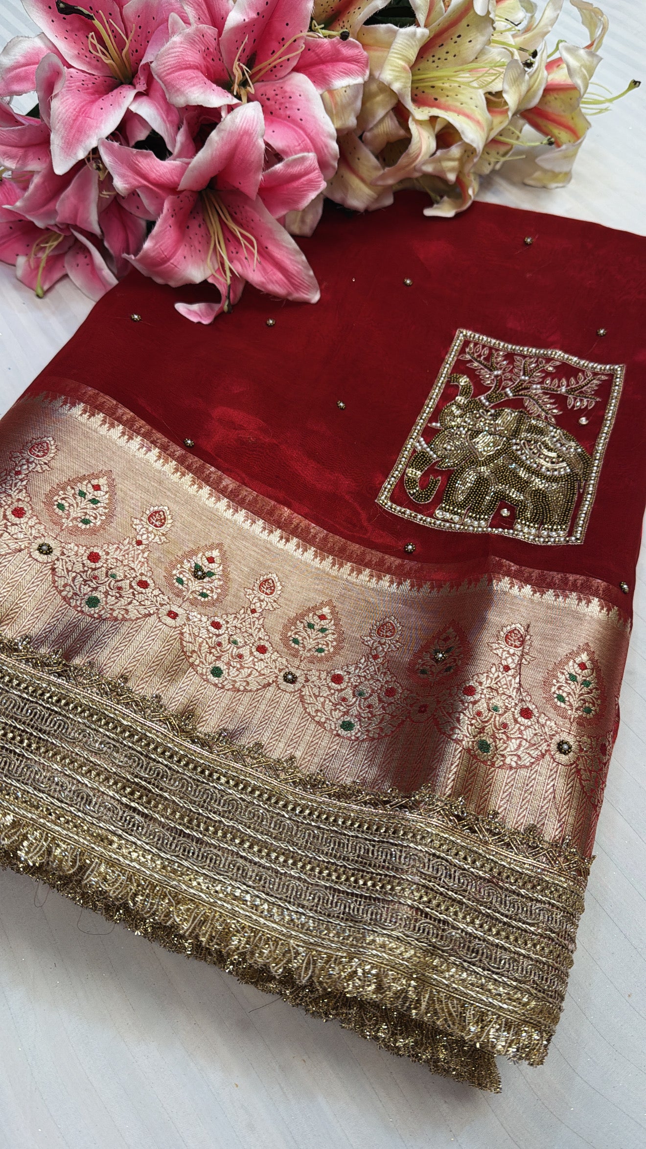 Red special - Husn hot red tissue silk elephant motif hand embroidered saree